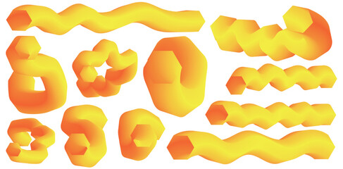 Collection of various yellow pasta shapes including cavatappi fusilli and other unique spiral and tube forms on a white background