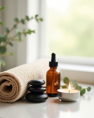 Spa stones, essential oil bottle, and candle create a serene wellness atmosphere