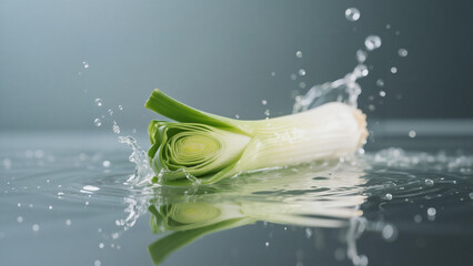 Leek submerged in water, creating a dynamic splash with perfect reflection.