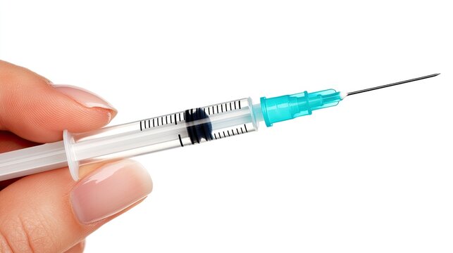 Close-up shot of a woman's hand holding a medical syringe filled with blue liquid, emphasizing precision and care in health practices
