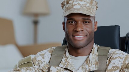 Smiling young soldier in wheelchair brings joy and inspiration while wearing camouflage uniform at home