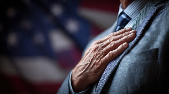 Man in Formal Attire with Hand over Heart Against a Waving American Flag Symbolizing Patriotism and National Pride in a Meaningful Gesture