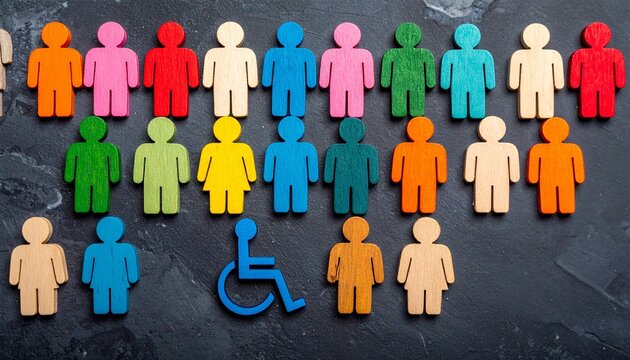 Colorful wooden figurines in rows with one blue figure in wheelchair on dark textured background. - Powered by Adobe