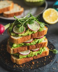 Stack of three avocado toasts with fresh radish and microgreens on a dark slate board