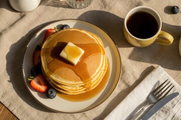 Stack of golden pancakes with melting butter, syrup, fresh berries and coffee.