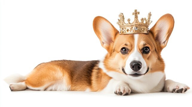 Cheerful corgi dons a royal crown, exuding charm and playfulness with a delightful pose against a white background