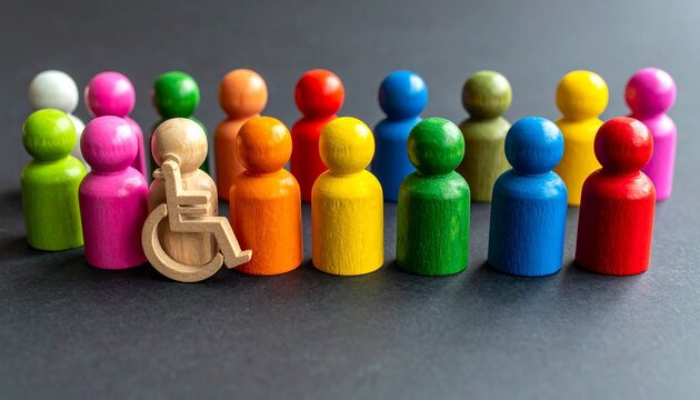 Colorful wooden figurines in semi-circle with one seated in wheelchair on dark surface.