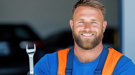 Dedicated mechanic smiling proudly with a wrench in blue uniform at a bustling auto repair garage