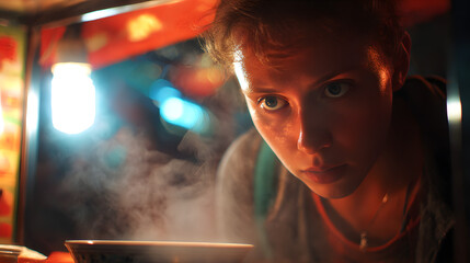 Concentration in Kitchen: A woman is immersed in the culinary world, with focus and determination. Surrounded by steam and culinary equipment, she brings her vision to life.