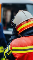 Obraz premium Firefighter preparing for action in front of fire truck during emergency response situation