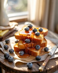Three golden toasted bread slices with fresh blueberries and a sweet honey drizzle