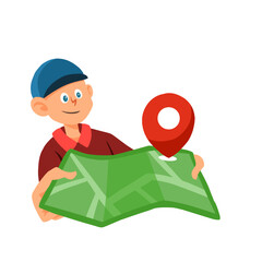 A cartoon illustration of a person holding a map with a location pin marker, symbolizing navigation, travel, and route planning. Perfect for themes related to maps, directions, tourism