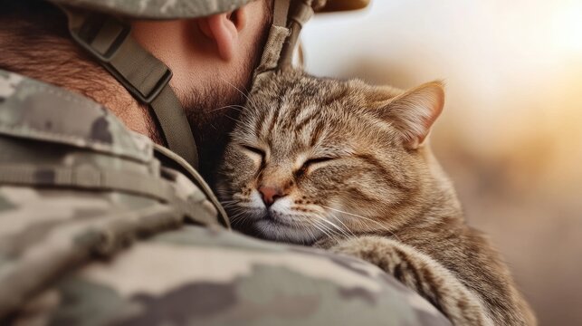 Soldier embraces beloved cat in a heartfelt moment of companionship during deployment in a serene outdoor setting