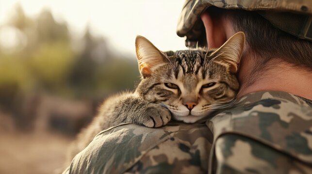 Military man shares a quiet moment with his beloved cat against a softly blurred backdrop of nature