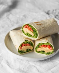 Three healthy vegetable wraps filled with fresh lettuce tomatoes and creamy hummus on a plate