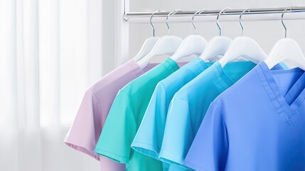 Stylish medical scrubs in vibrant blue and turquoise hang gracefully against a light background with a modern aesthetic