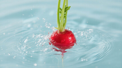 Vibrant Red Radish Emerging from Water with Splashes and Green Stems