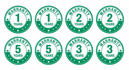 Green Warranty 1, 2, 3, and 5 Years Seals Vector Badges Isolated on White Background