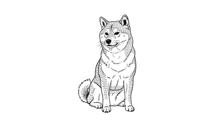 Fototapeta premium Detailed black and white line art illustration of a cute Shiba Inu dog sitting patiently isolated on a white background.