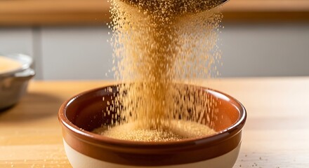 01_Dynamic shot of Acar Mascavo (brown sugar) being poured for a recipe. High speed focus.
