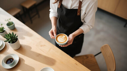 Barista Holding Latte Art Coffee Cup, Overhead View, Cafe Setting, Natural Light.