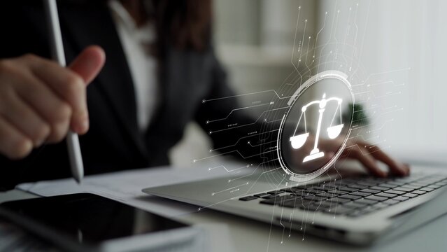 Futuristic digital law interface displaying justice scale, highlighting digital law, AI compliance, digital law systems, and digital law regulations for secure governance. Muxer