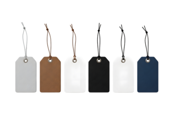 Six rectangular gift tags in white brown black and blue with strings isolated on a transparent background