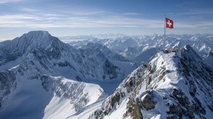 Majestic Swiss Alps Landscape with Snow-Capped Peaks and Swiss Flag Flying High Above Breathtaking Rocky Mountain Range under Clear Blue Sky