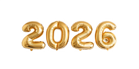 Bright Golden balloons display the numbers 2026 for  upcoming year  isolated on transparent background