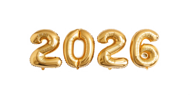 Bright Golden balloons display the numbers 2026 for  upcoming year  isolated on transparent background