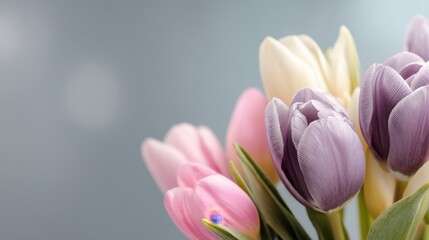 Fototapeta premium Colorful Tulips in Soft Focus on Light Background, Spring Blooming Flowers for Decoration and Inspiration in a Serene Indoor Setting