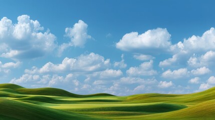 Serene Landscape with Rolling Green Hills and Soft Fluffy Clouds in a Clear Blue Sky Under Bright Natural Light on a Beautiful Day