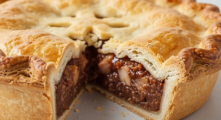 01_Close-up of Empado Goiano (large savory pie) cross-section. Focus on creamy filling.