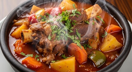 01_Close-up of Espinhao de Ovelha com Aipim (lamb stew) in a bowl. Deep rich color steam.