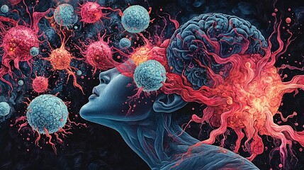 Surreal representation displaying abstract viral elements surrounding a figure with an exposed brain concept. It explores themes of internal battles and biological stress, ideal for medical contexts.