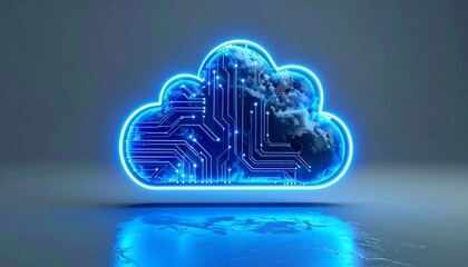 Glowing cloud with circuit pattern and real cloud texture on white background.