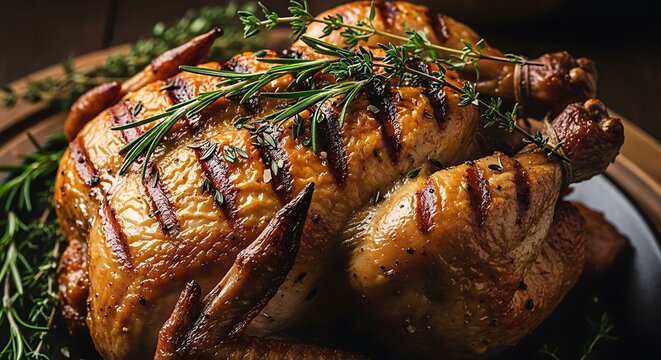 01_Close-up of Galeto Primo Canto (roasted chicken). Golden skin herb garnish high contrast.