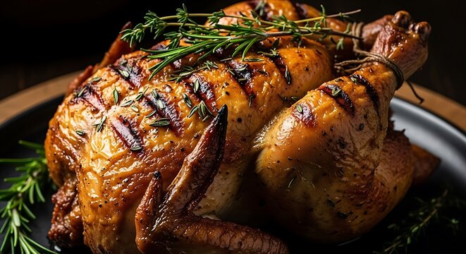 01_Close-up of Galeto Primo Canto (roasted chicken). Golden skin herb garnish high contrast.