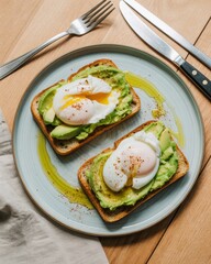 Two avocado toasts with poached eggs and olive oil drizzle on a light blue plate