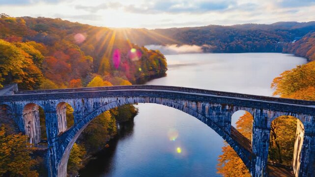 Stone arch bridge over a river surrounded by autumn foliage with sun rays in the background Keywords: bridge, arch bridge, stone bridge, river, water, autumn