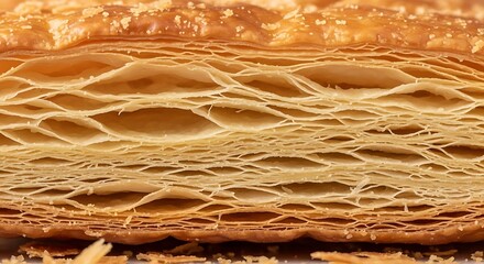 01_Close-up of massa folhada (puff pastry) layers golden and flaky.