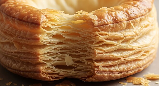 01_Close-up of massa folhada (puff pastry) layers golden and flaky.