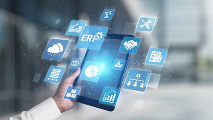 ERP icons show management, integration, and business process. ERP supports data management, ERP efficiency, and ERP organizational solutions. Gist