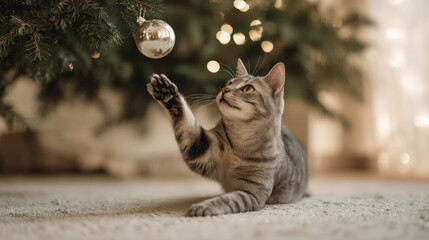 playful cat joyfully engages with shiny christmas ornament beneath beautifully decorated tree