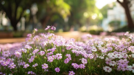Vibrant Pink and White Flowers in Bloom on a Sunny Day in a Serene Park with Soft Natural Lighting and Green Trees in the Background