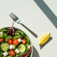 Vibrant healthy salad bowl with fresh vegetables, feta cheese and a lemon slice.