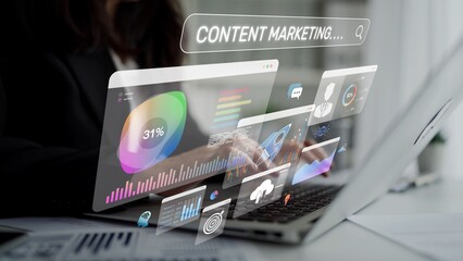 Content marketing interface with data dashboards, analytics charts, and content tools. Marketing...