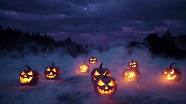 A Twilight Halloween Night Illuminated by Rows of Creepy Carved Pumpkins