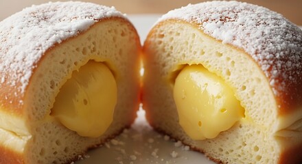 01_Close-up of Sonho (doughnut) cut open showing filling. Dusted sugar soft light.