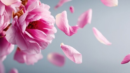 Fototapeta premium Delicate pink flower with falling petals on soft blue background creating a serene and peaceful atmosphere for nature lovers and floral enthusiasts